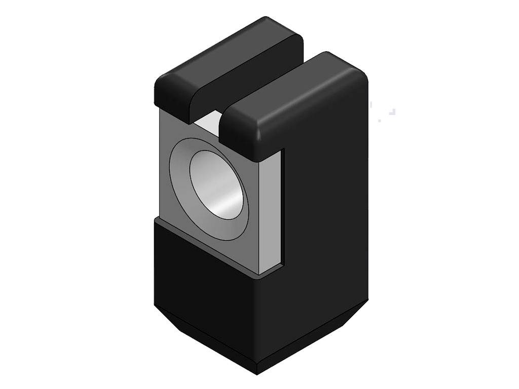 A three-dimensional CAD image shows a black, block-shaped mounting bracket with a central through-hole, suitable for pipe fixings.