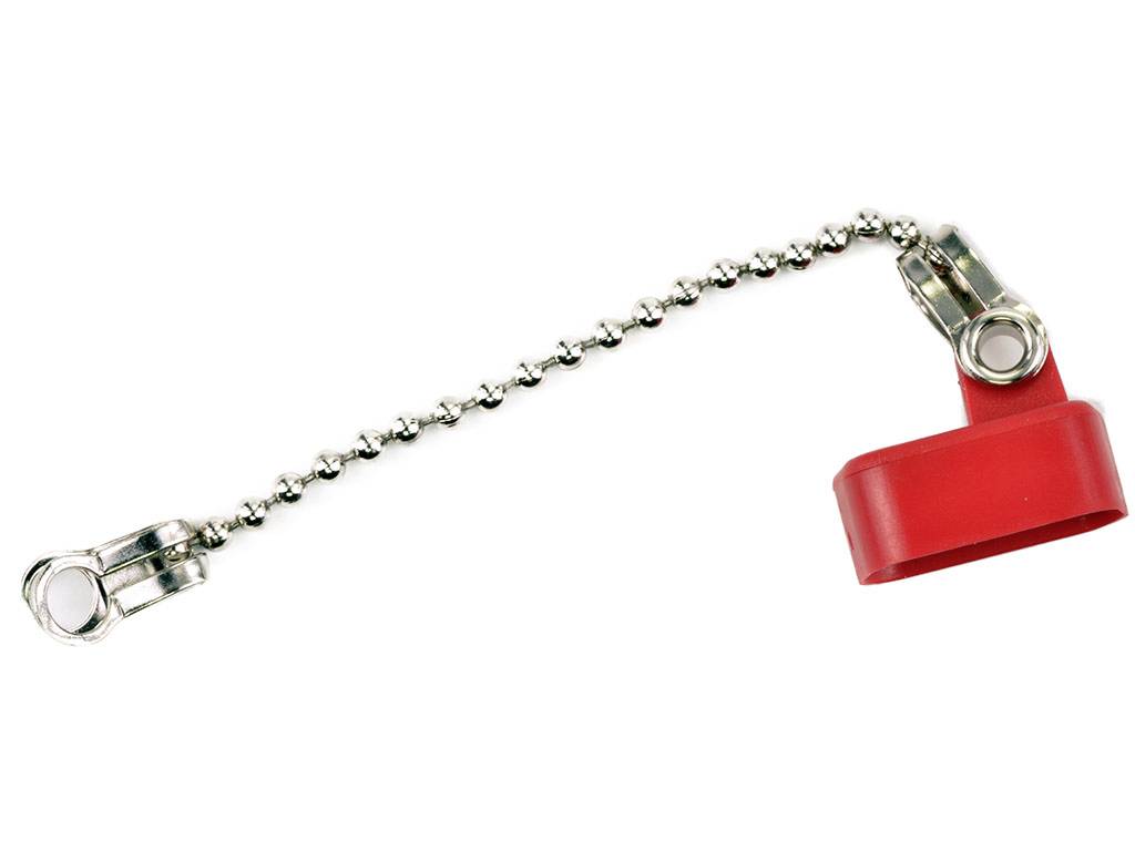 A red plastic lid with a silver chain that allows attachment on both sides.
