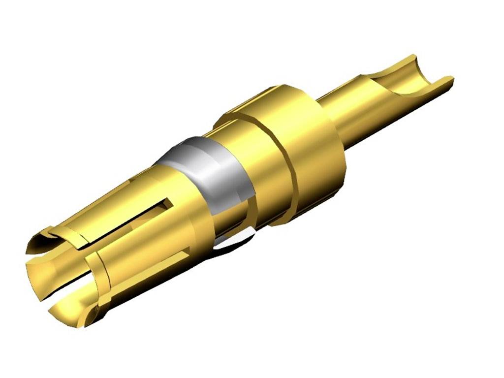 3D rendering of a gold-coloured electrical connector with multiple slots and a silver band in the centre.