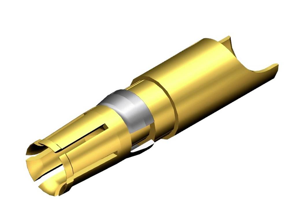 A gold-plated electrical connector with a ribbed design, suitable for precise electrical connections.