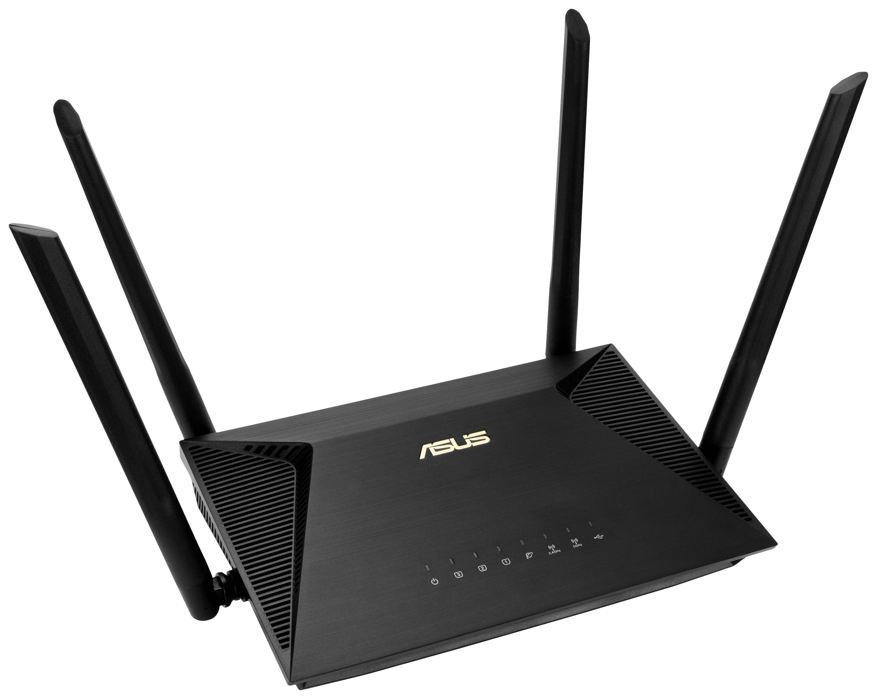 A black Wi-Fi router with four aerials and a brand logo on top.