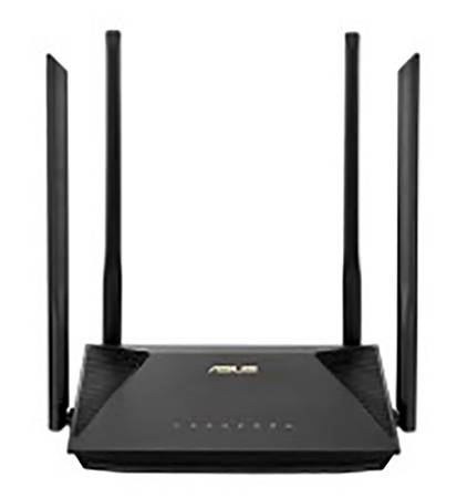 A black Wi-Fi router with four upright aerials.