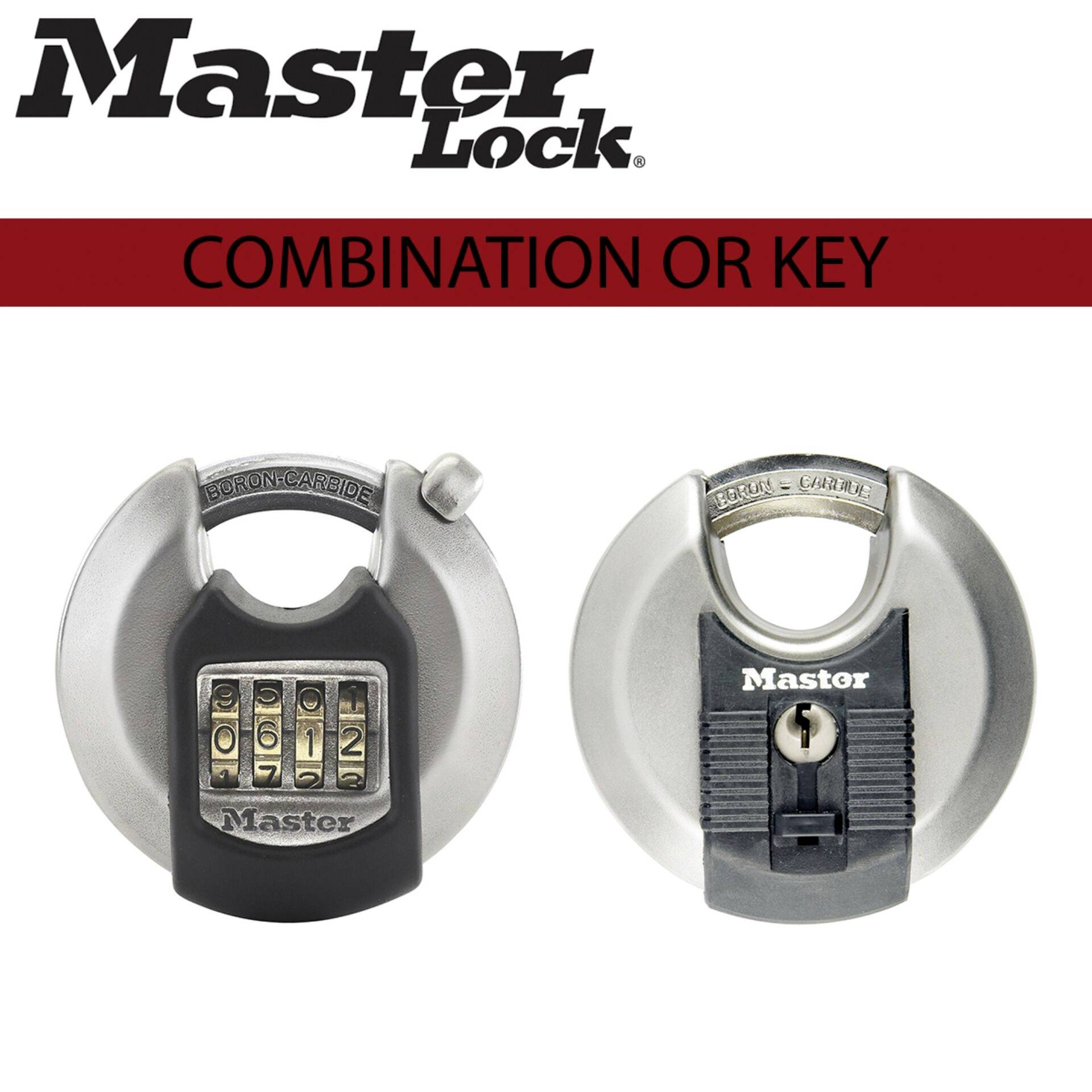 Two round padlocks by Master Lock. On the left, a combination lock, on the right, a lock with a keyhole.
