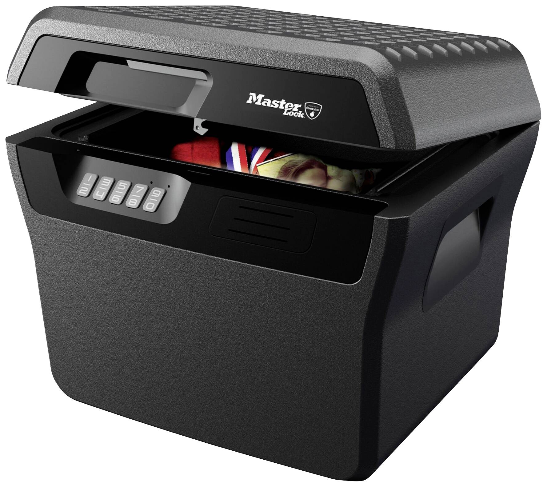A black safe with an open lid reveals its contents, including documents. The safe has a digital keypad for input.
