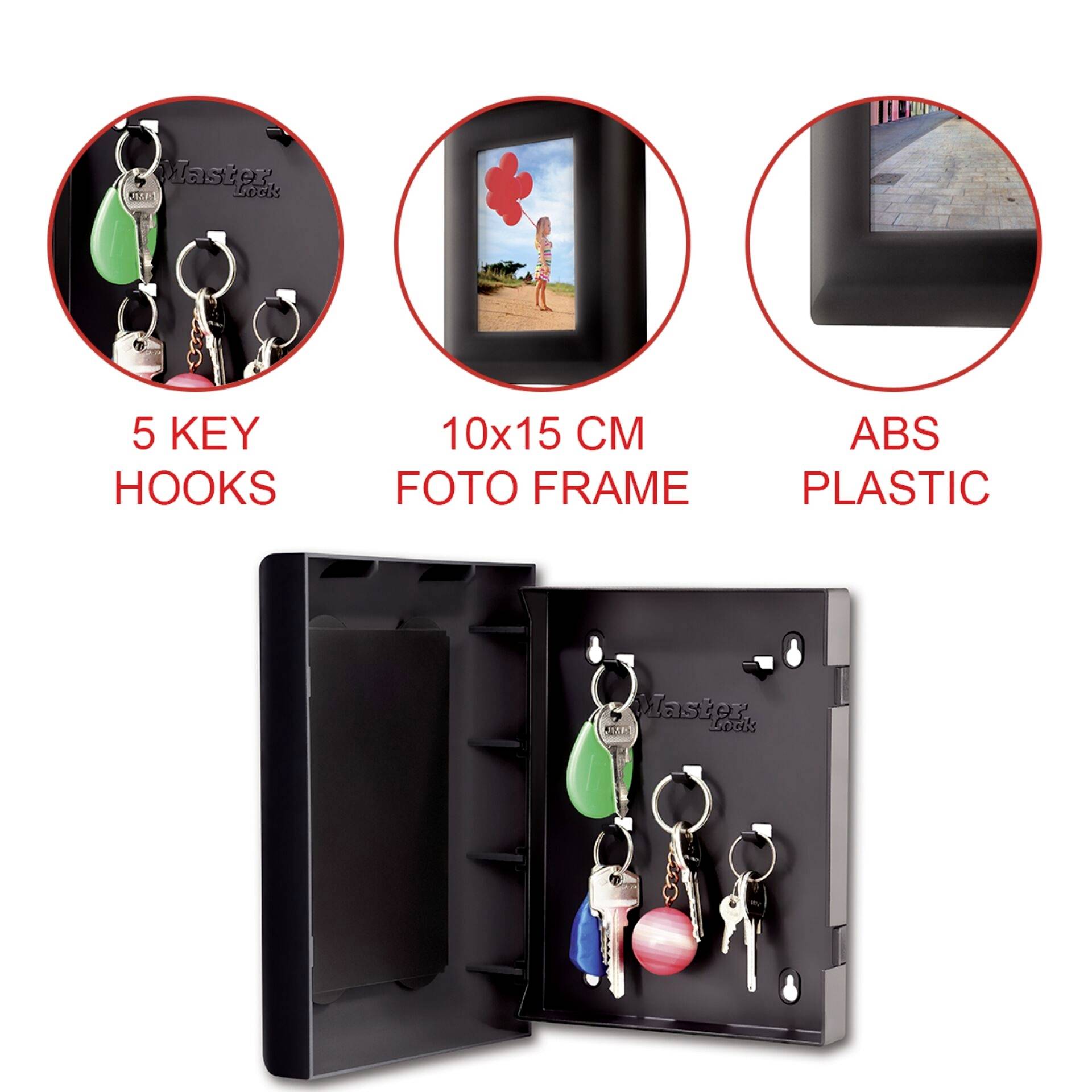 Key cabinet made from ABS plastic with 5 hooks and a 10x15 cm photo frame on the door. Displays keys and framed photo as decoration.