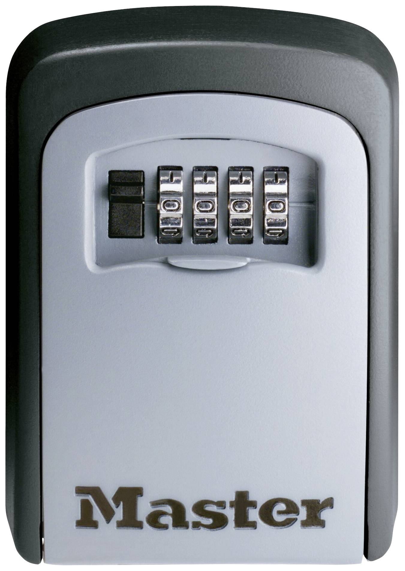A grey key safe with a four-digit combination display, suitable for securely storing keys.