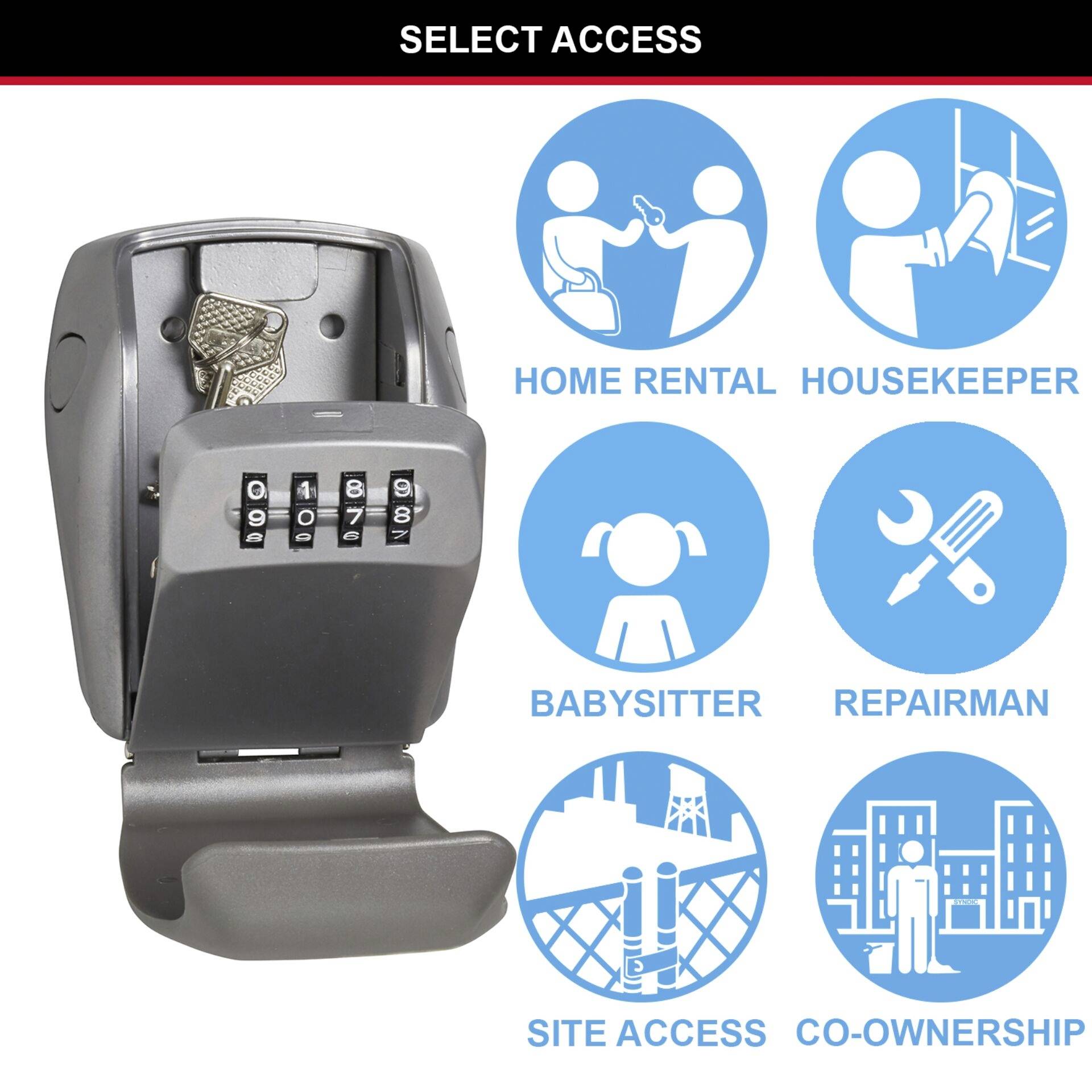 A key safe with a number combination. Symbols beside it show possible uses: 'Home Rental', 'Housekeeper', 'Babysitter', 'Repairman', 'Site Access', 'Co-Ownership'.