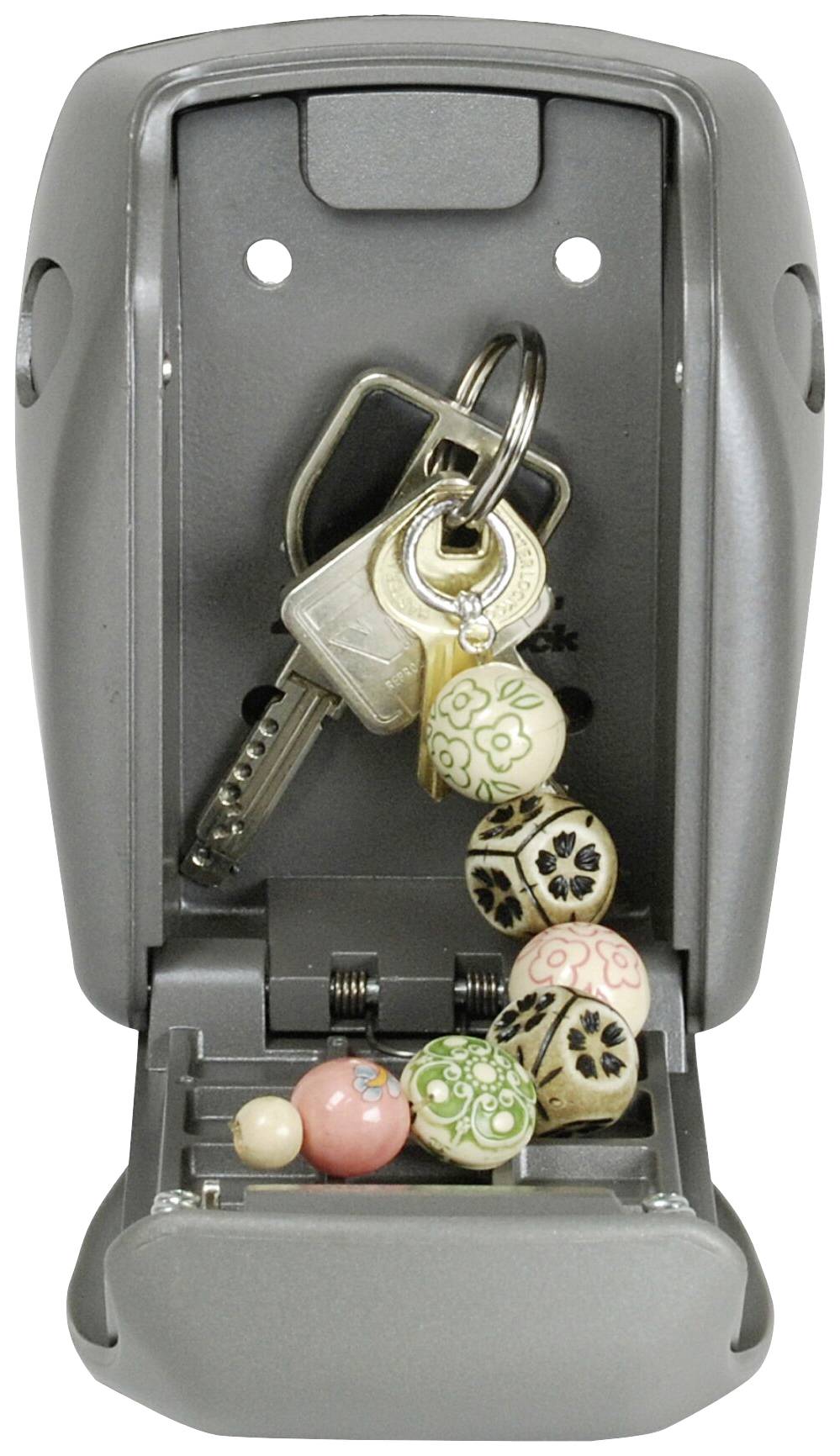 Grey-silver key cabinet with an open lid, showing a bunch of keys with various pearl pendants inside.