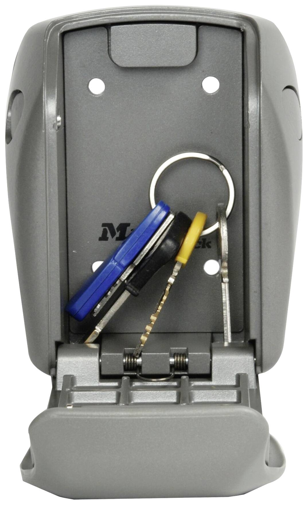 Grey key depot with three keys inside, open. Used for secure storage and easy accessibility.