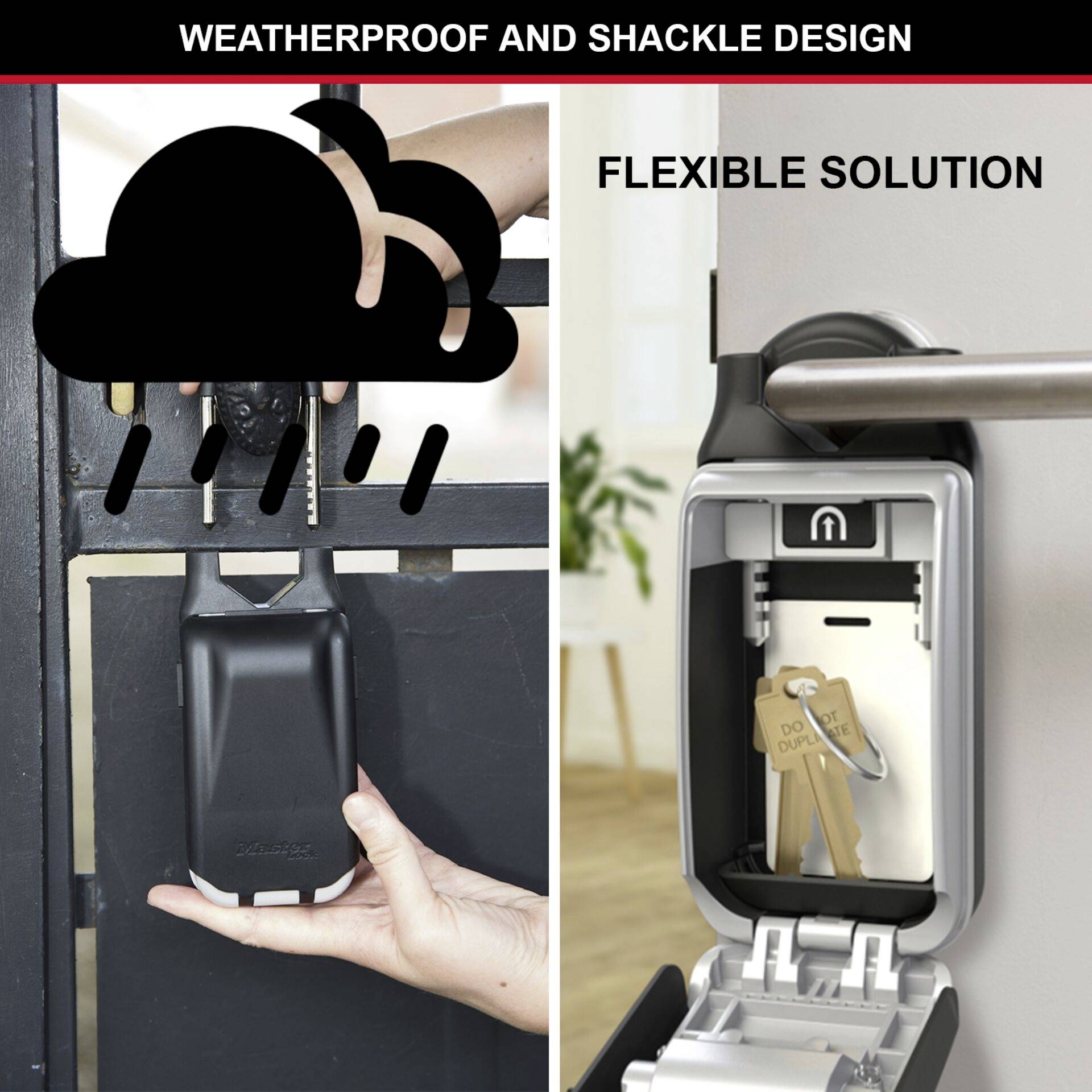 'Weather-resistant and lockable design.' Combined image: On the left, a lock is shown in the rain. On the right, a key storage box.