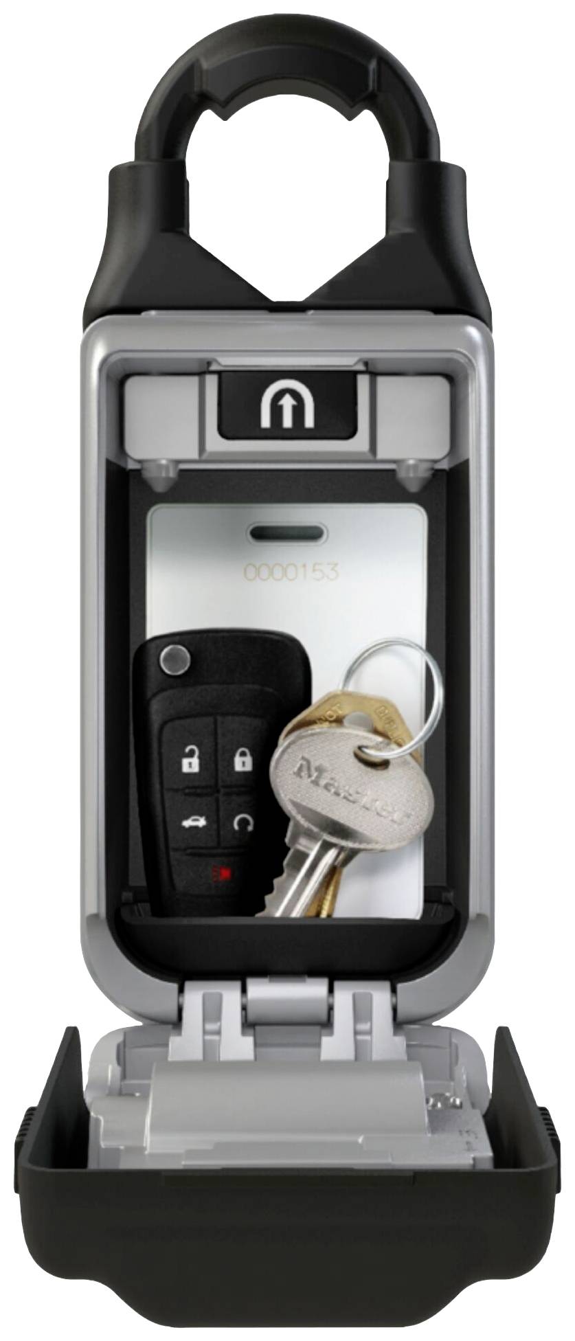 A key safe is open, showing a car key and two house keys. The safe has a black hook at the top.