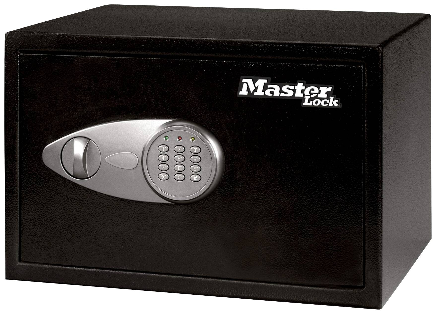 Black safe with electronic number lock and rotary knob on the front, with 'Master Lock' logo in the top right corner.