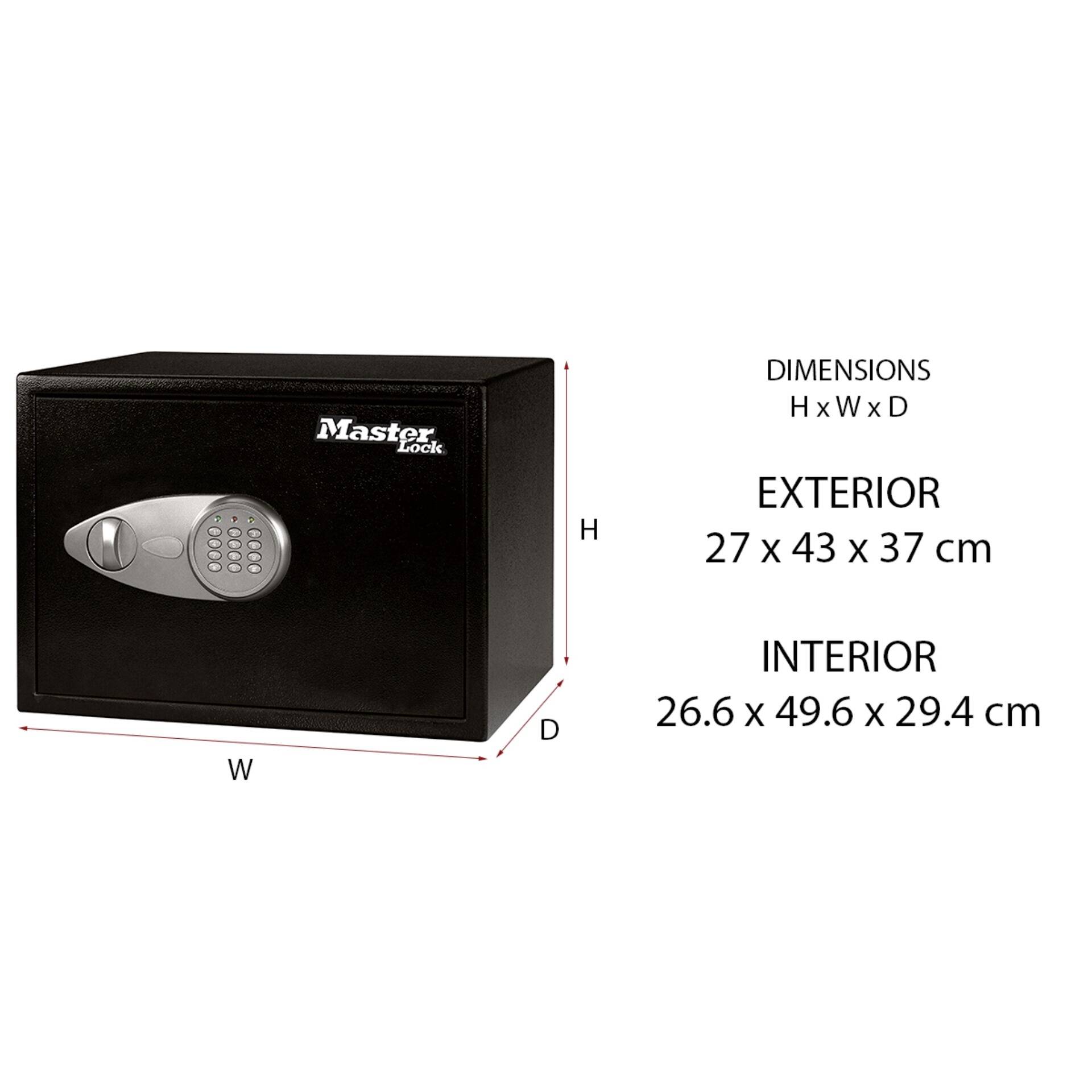 Black safe with electronic combination lock. External dimensions: 27 x 43 x 37 cm, Internal dimensions: 26.6 x 49.6 x 29.4 cm.