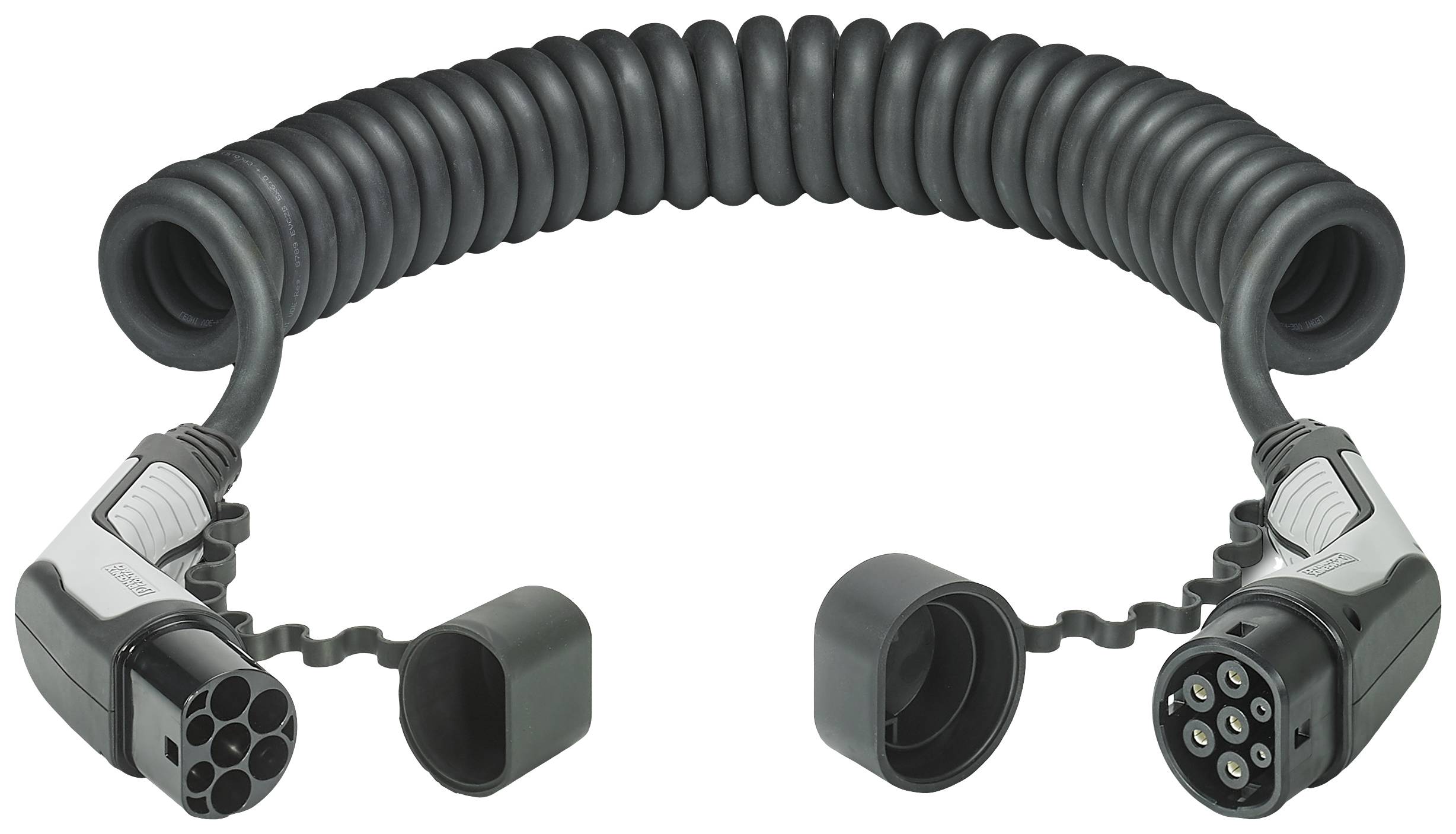 A coiled cable with two connectors at the ends, protected by covers. Suitable for electric vehicles.