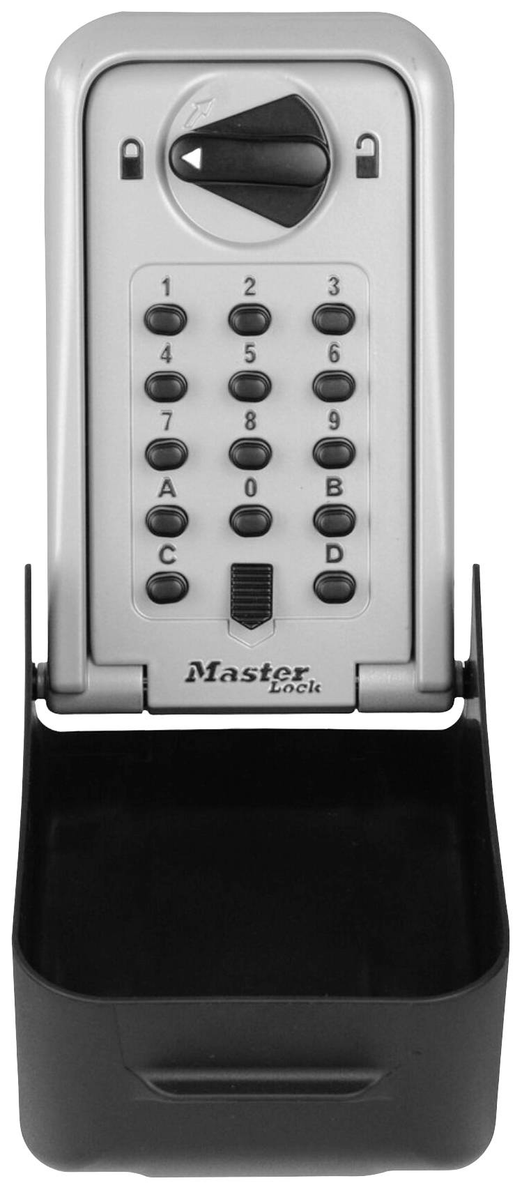 Key safe with numerical code and turning knob for security. Suitable for key storage. Marking: 'Master Lock'.