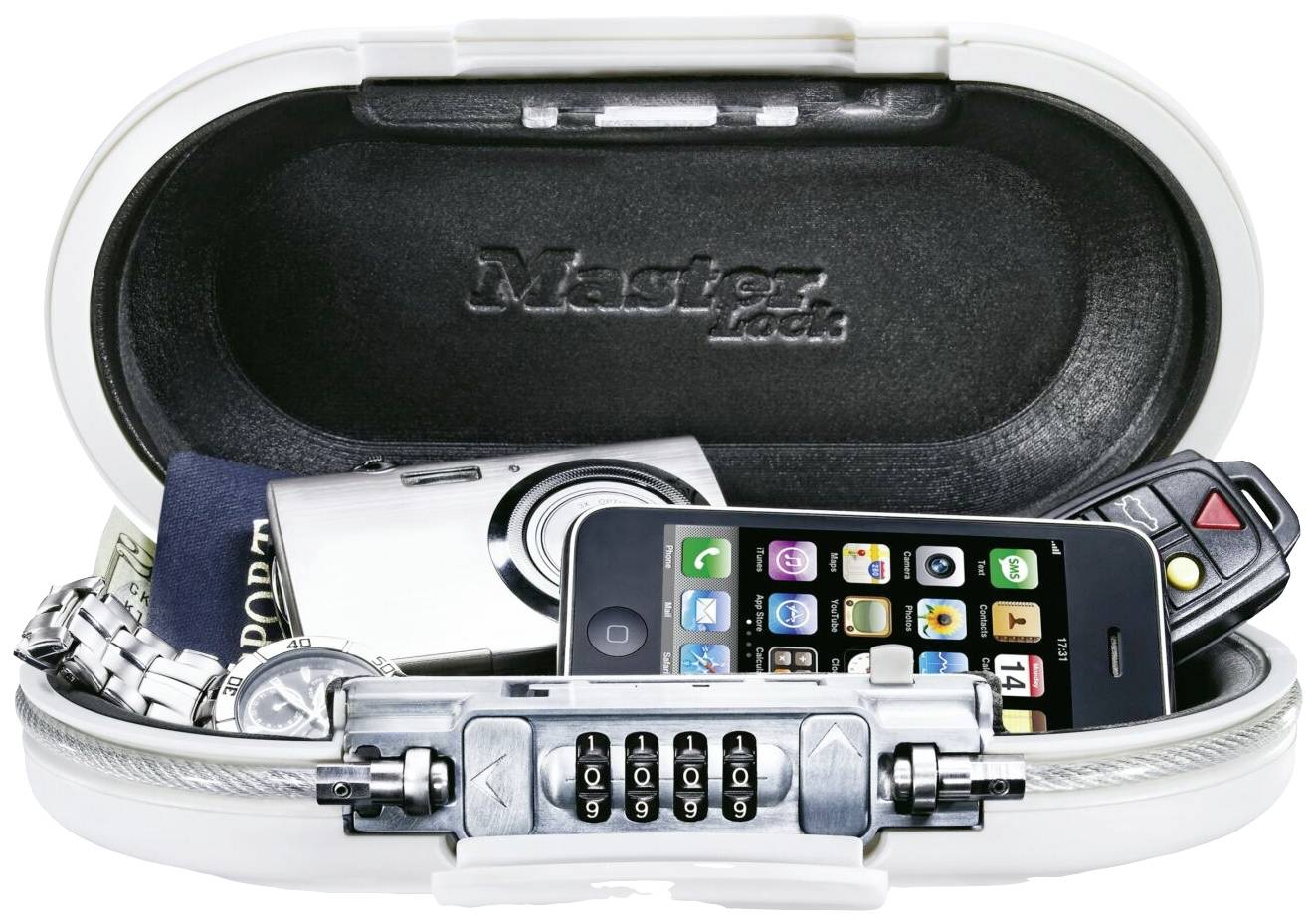An open protective case with a combination lock shows a smartphone, a watch, a car key and a camera securely stored within it.
