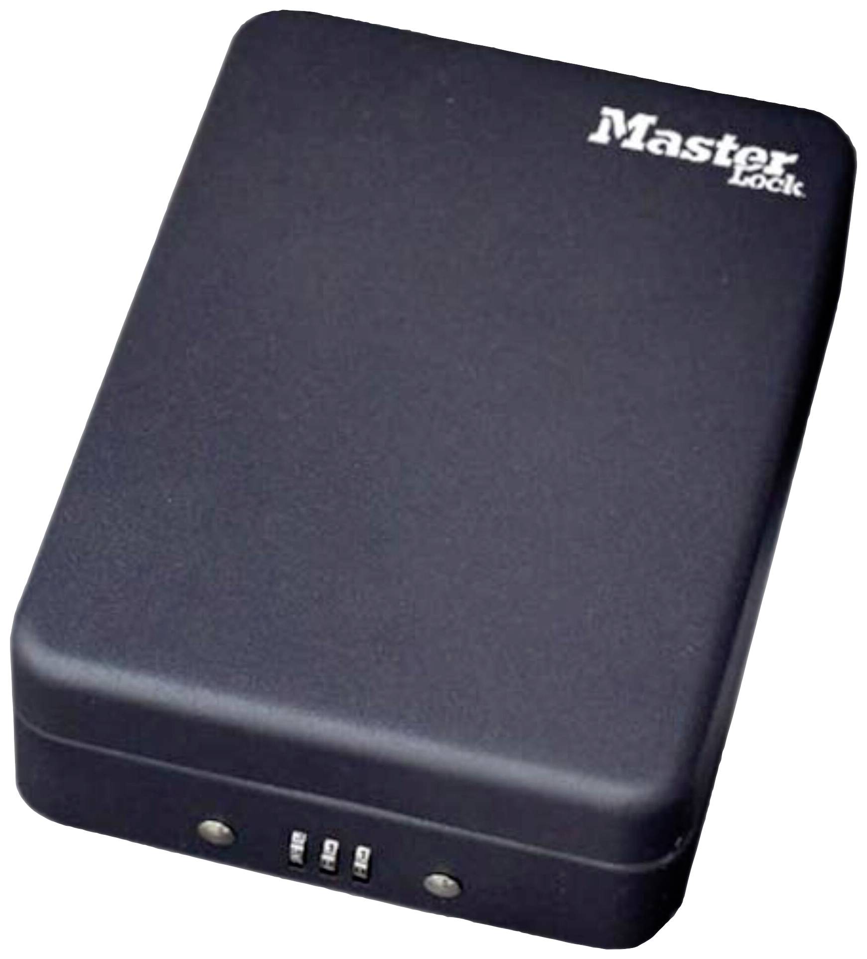 Black security box with combination lock and 'Master Lock' logo in the corner. The box is square and appears robust.
