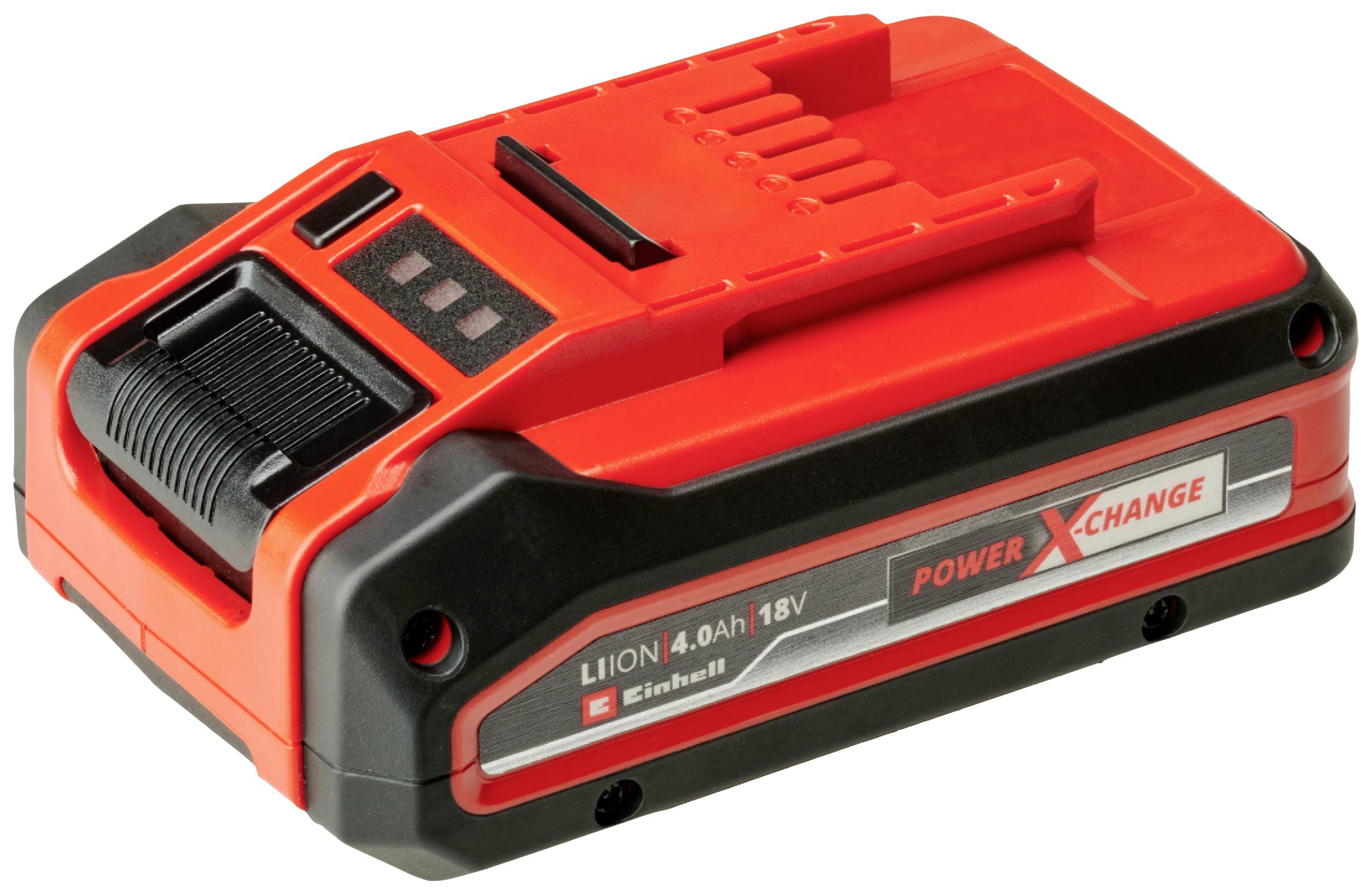 A red 18V 4.0 Ah lithium-ion battery with 'POWER X-CHANGE' labelling.