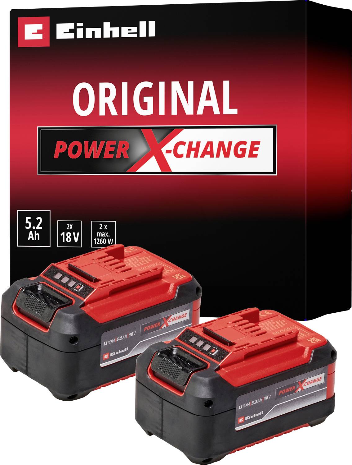 Four Einhell PXC batteries in red and black, placed side by side. Contains two 3.0 Ah and two 4.0 Ah batteries for tools.