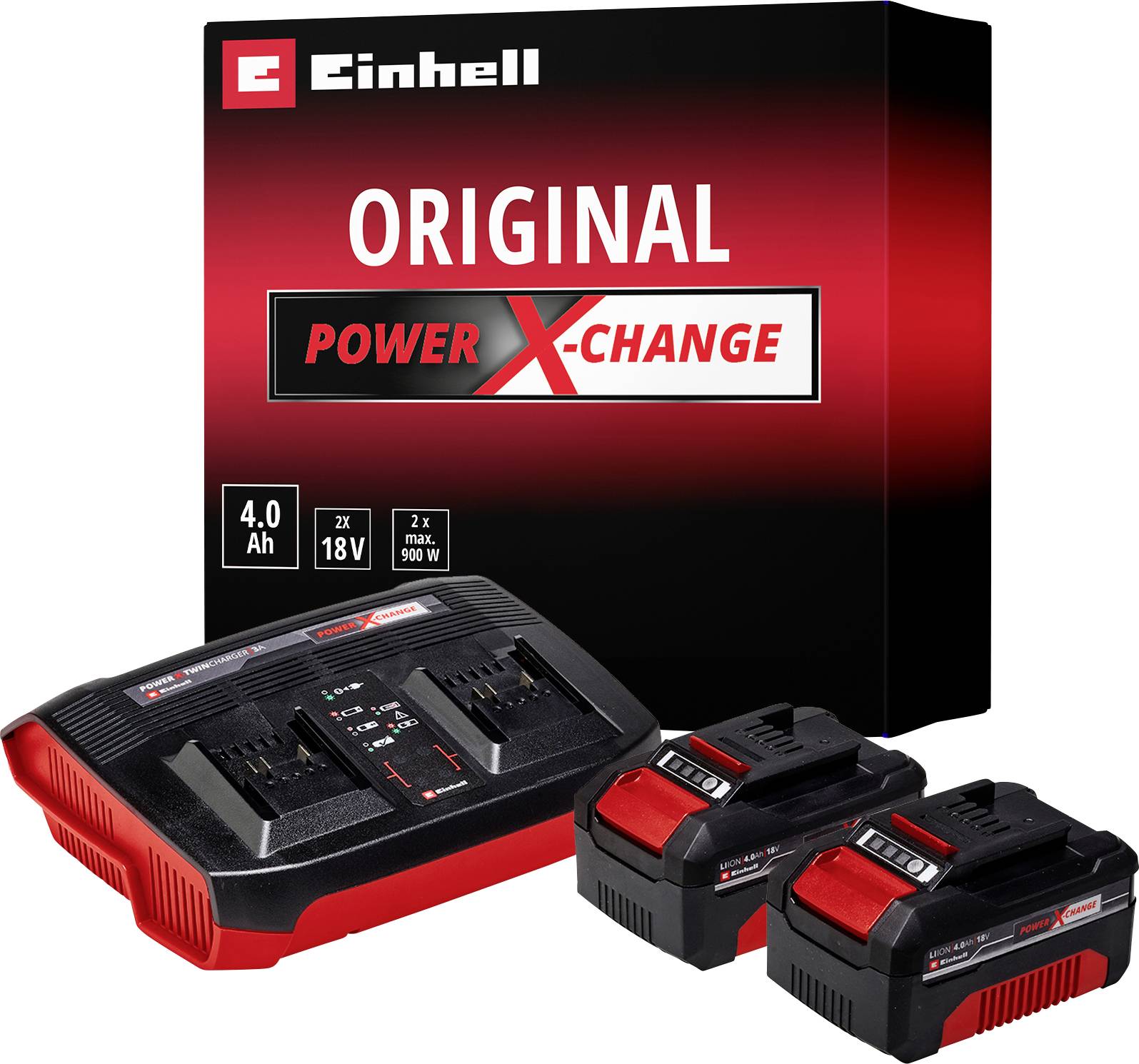 An image shows two Einhell chargers, each with two batteries. The chargers are suitable for Einhell Power X-Change 18V batteries.