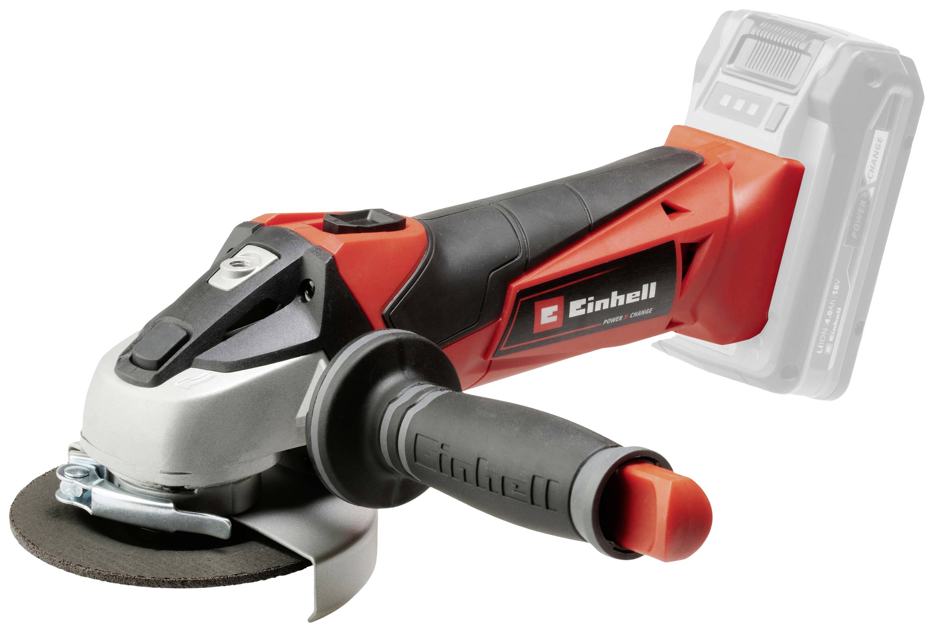 Battery-powered angle grinder in red and black with Einhell logo. Tool with removable safety guard and comfortable handle.