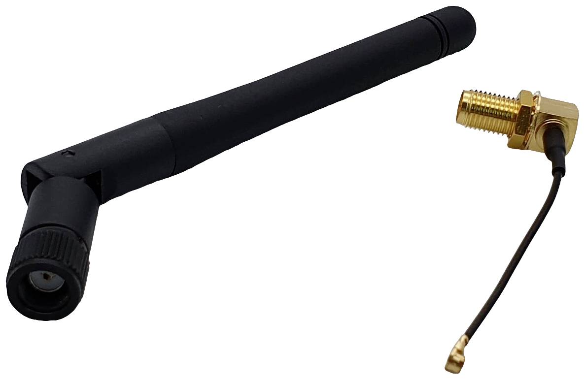 A black Wi-Fi antenna with a golden, angled jack socket and a thin cable.