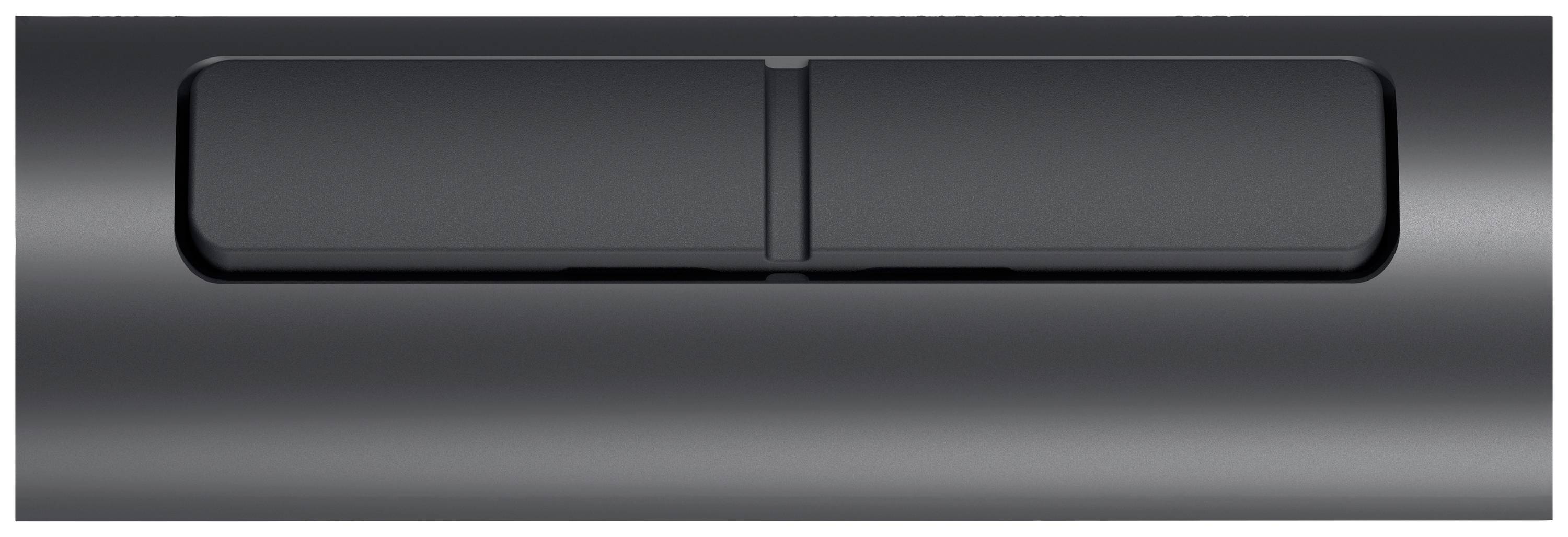 A close-up of a laptop touchpad with two black buttons.