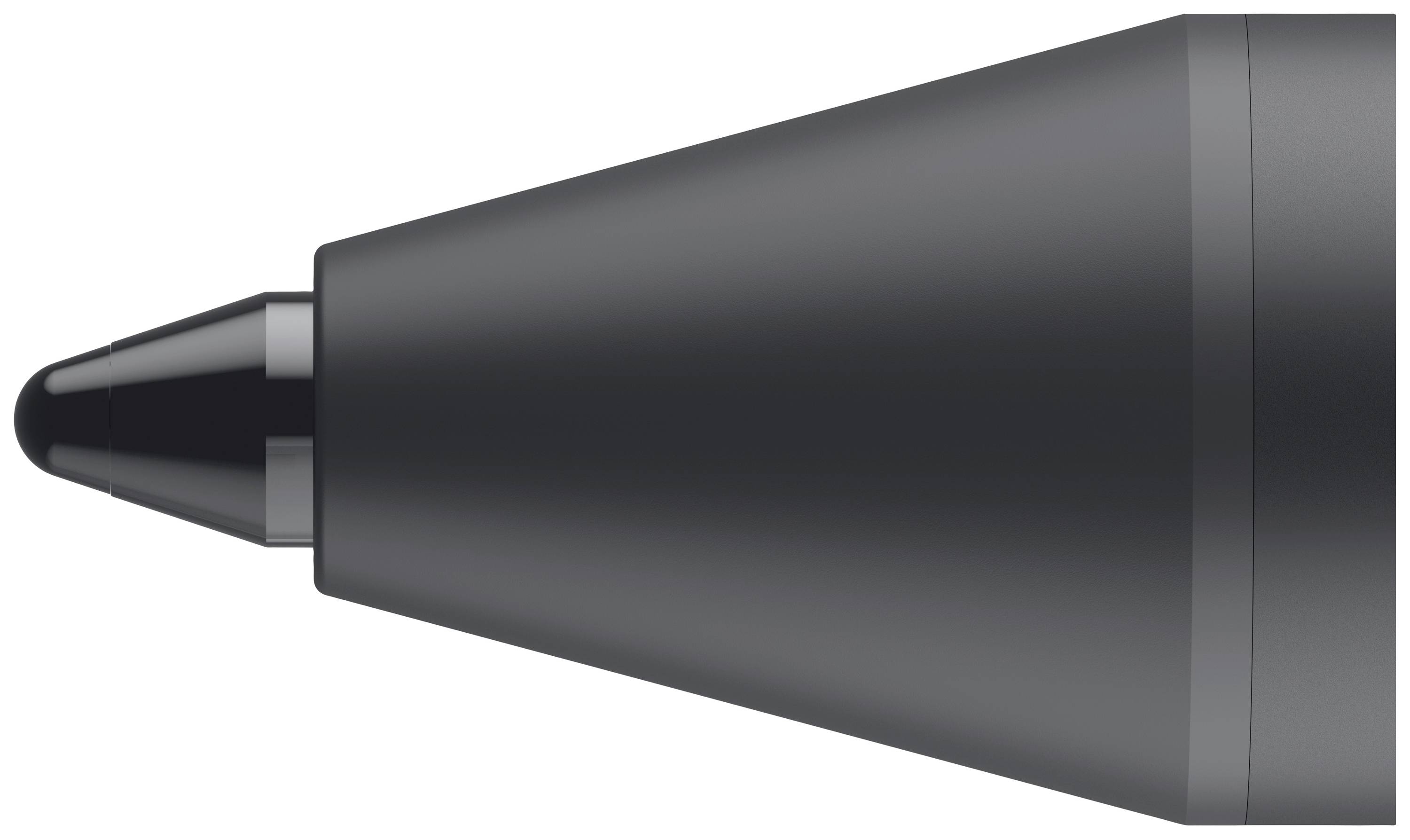 A graphic depicts the tip of a digital stylus. The tip tapers towards the centre and is coloured dark grey.