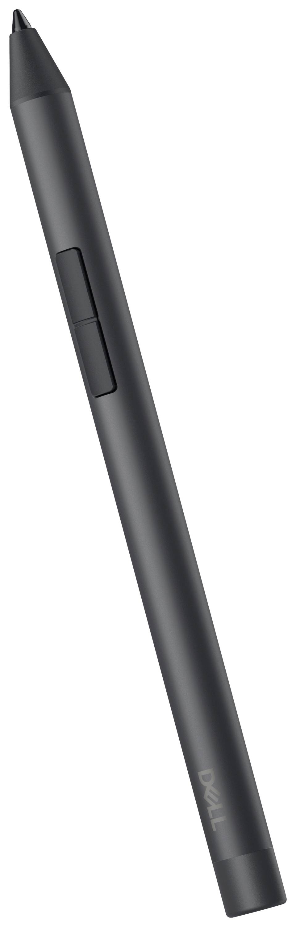 A black stylus pen with a cylindrical shape and two buttons on the side, labelled 'Dell'.