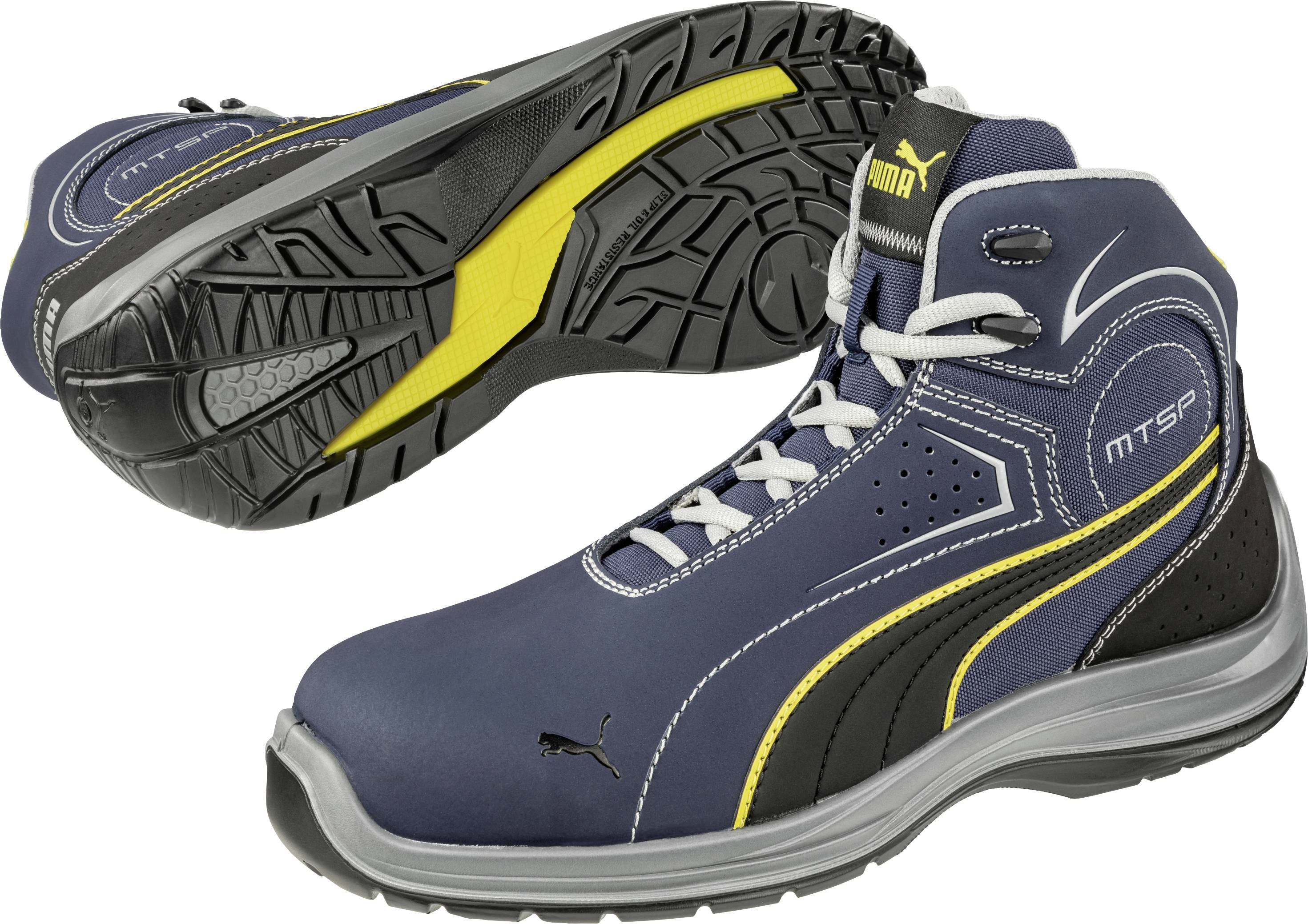 A pair of blue safety shoes with yellow and black accents on the sole and side. The shoe has a modern design.
