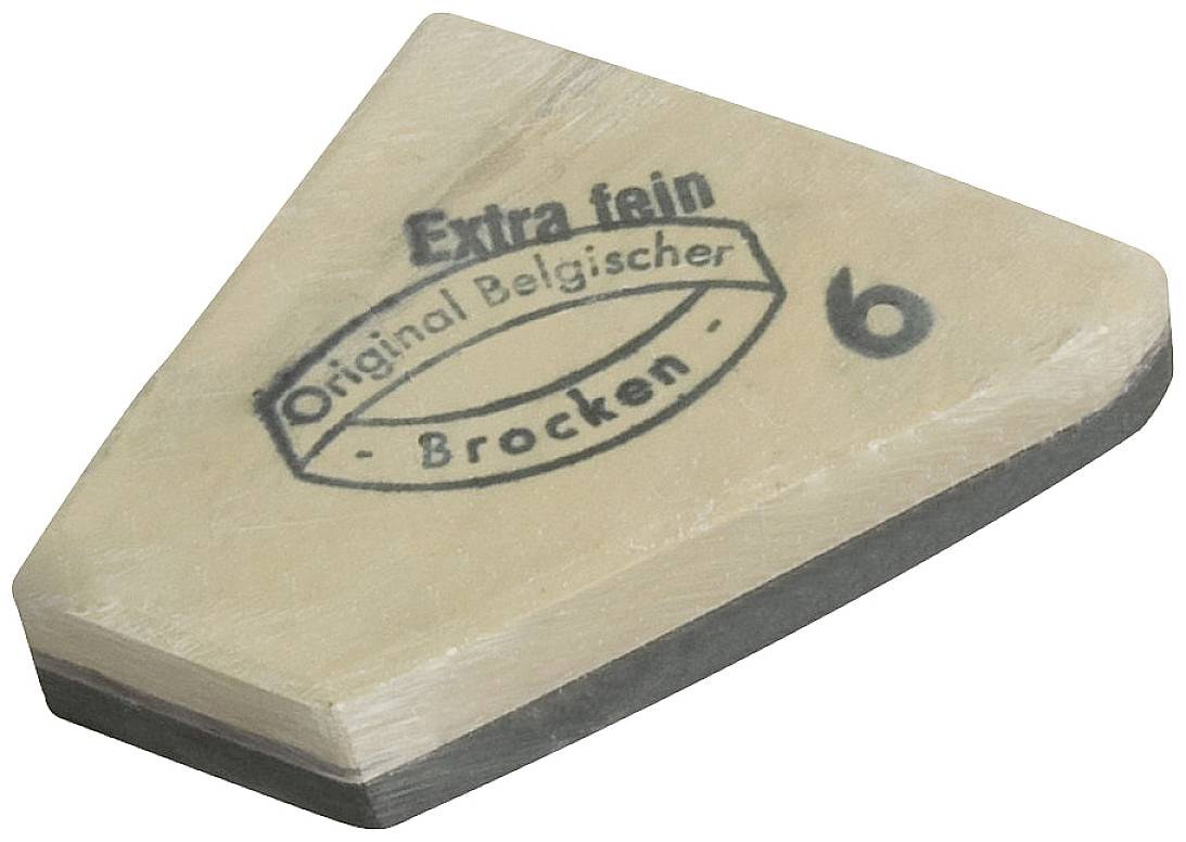 'Original Belgian Brocken' Whetstone, triangular shape, with label 'Extra fine' and number 6.