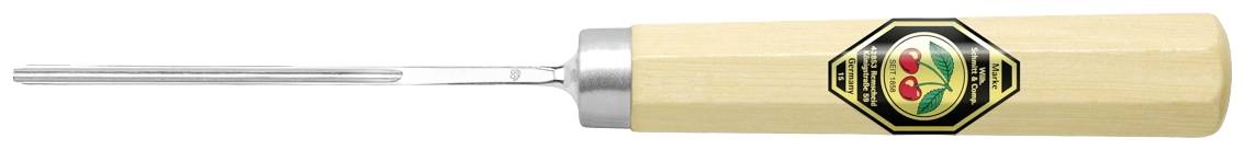 Wooden chisel with a rounded handle and a sharp, straight blade, suitable for delicate carving work.