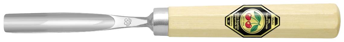 Wooden-handled knife with metal blade, hedgehog logo on the handle, useful for sculpting or woodcarving.
