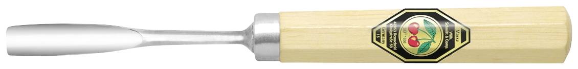 A wood chisel with a metallic blade and a wooden handle bearing a colourful emblem with black and gold accents.
