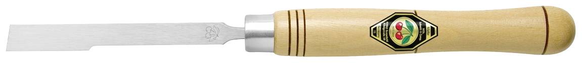 Wooden handle carving knife with metal blade and logo. Used for woodcarving, demonstrates traditional tool design.