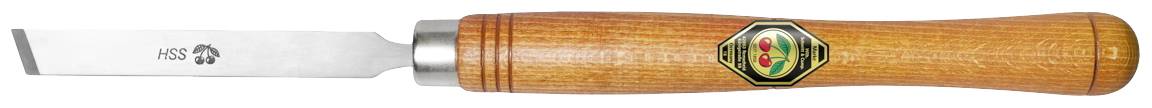 Wood-handled tool with a flat metal blade, used for carving or working with wood.