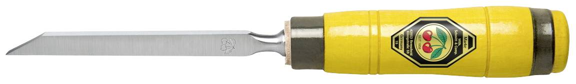 Yellow handle of a wood carving knife with a narrow, bevelled blade. A coloured logo with a plant motif is located on the handle.