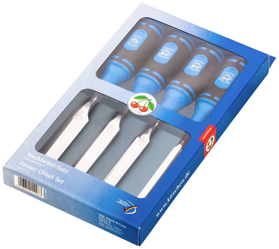 A set of four chisels with blue handles, packaged in a blue box. Text on the box: 'Chisel Set'.