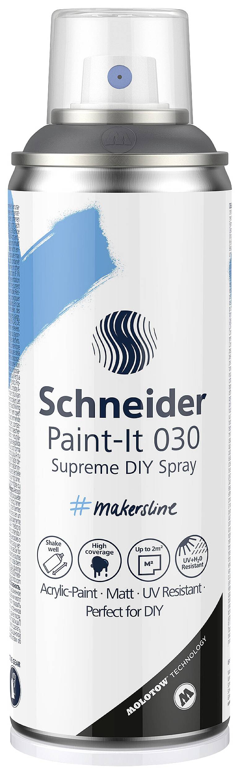 Spray can with the label 'Schneider Paint-It 030 Supreme DIY Spray', suitable for acrylic paint, matte finish, UV-resistant, DIY projects.