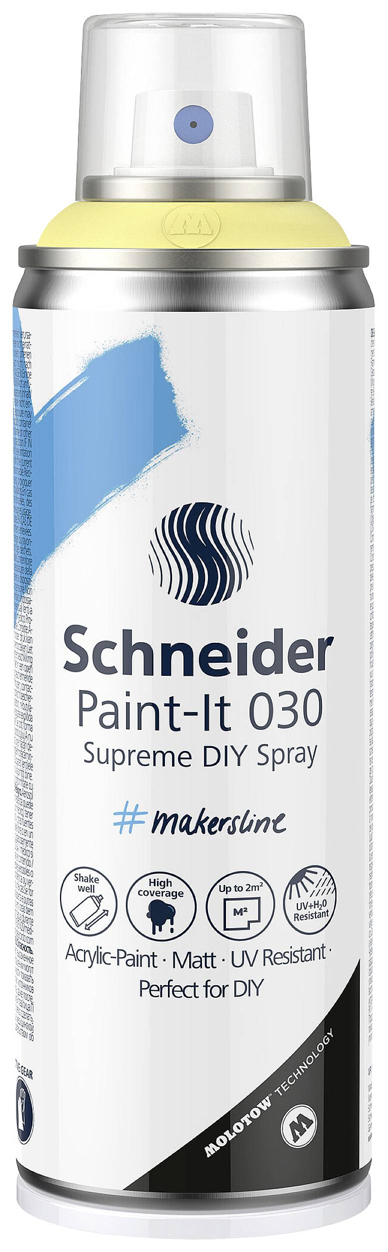 Dose spray paint 'Schneider Paint-It 030' for DIY projects. Contains matte, UV-resistant acrylic paint. Decorated with blue stripe.