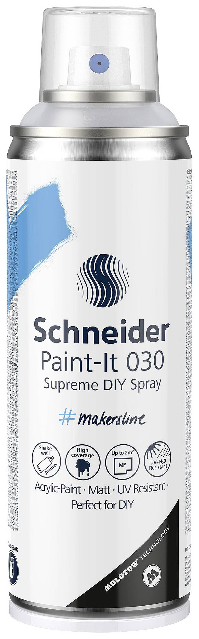 Schneider Paint-It 030 spray can with blue stripe. Labelled 'Supreme DIY Spray'. Suitable for DIY projects.