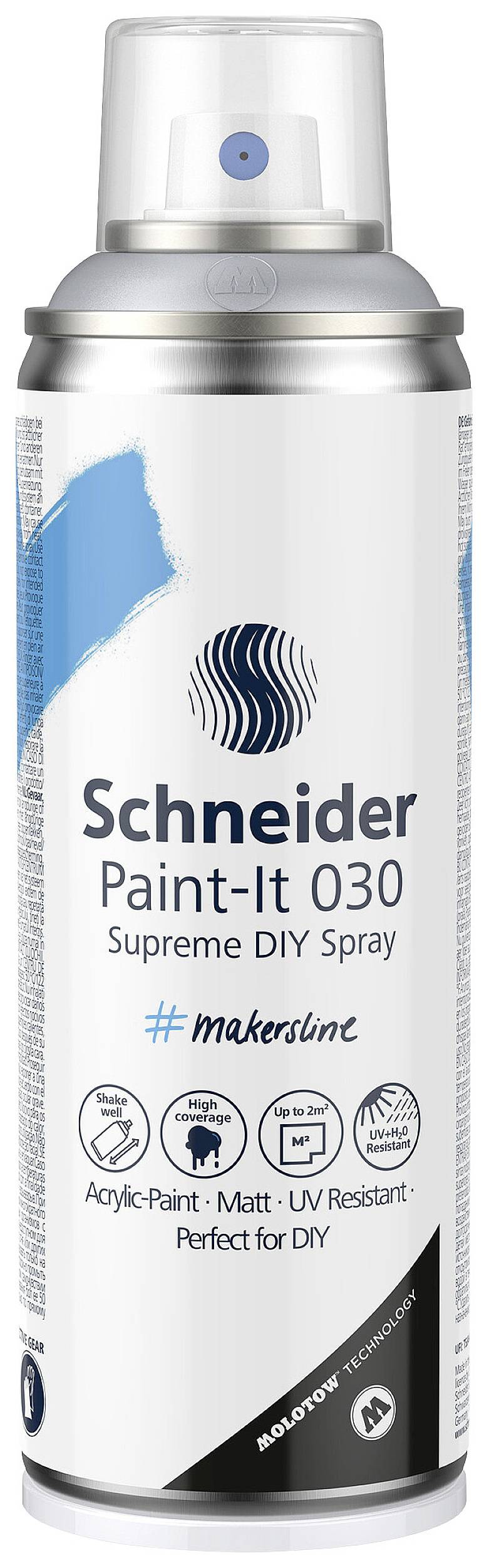 Schneider Paint-It 030 Spray Paint in White and Blue, Matt Acrylic, UV-Resistant, Suitable for DIY Projects.