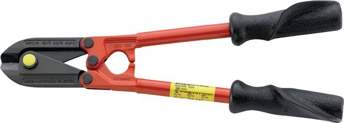 Red bolt cutters, shown from the side, with a yellow label describing technical specifications.