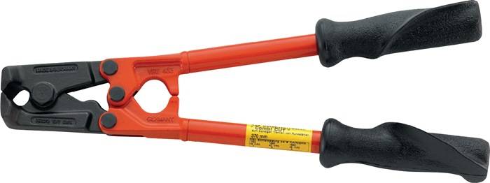 A red bolt cutter with black handles, labelled 'Made in Germany'.