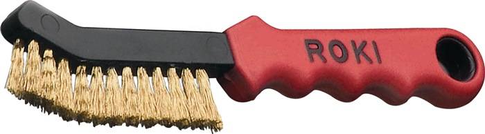 A red wire brush with a black handle and metal bristles.