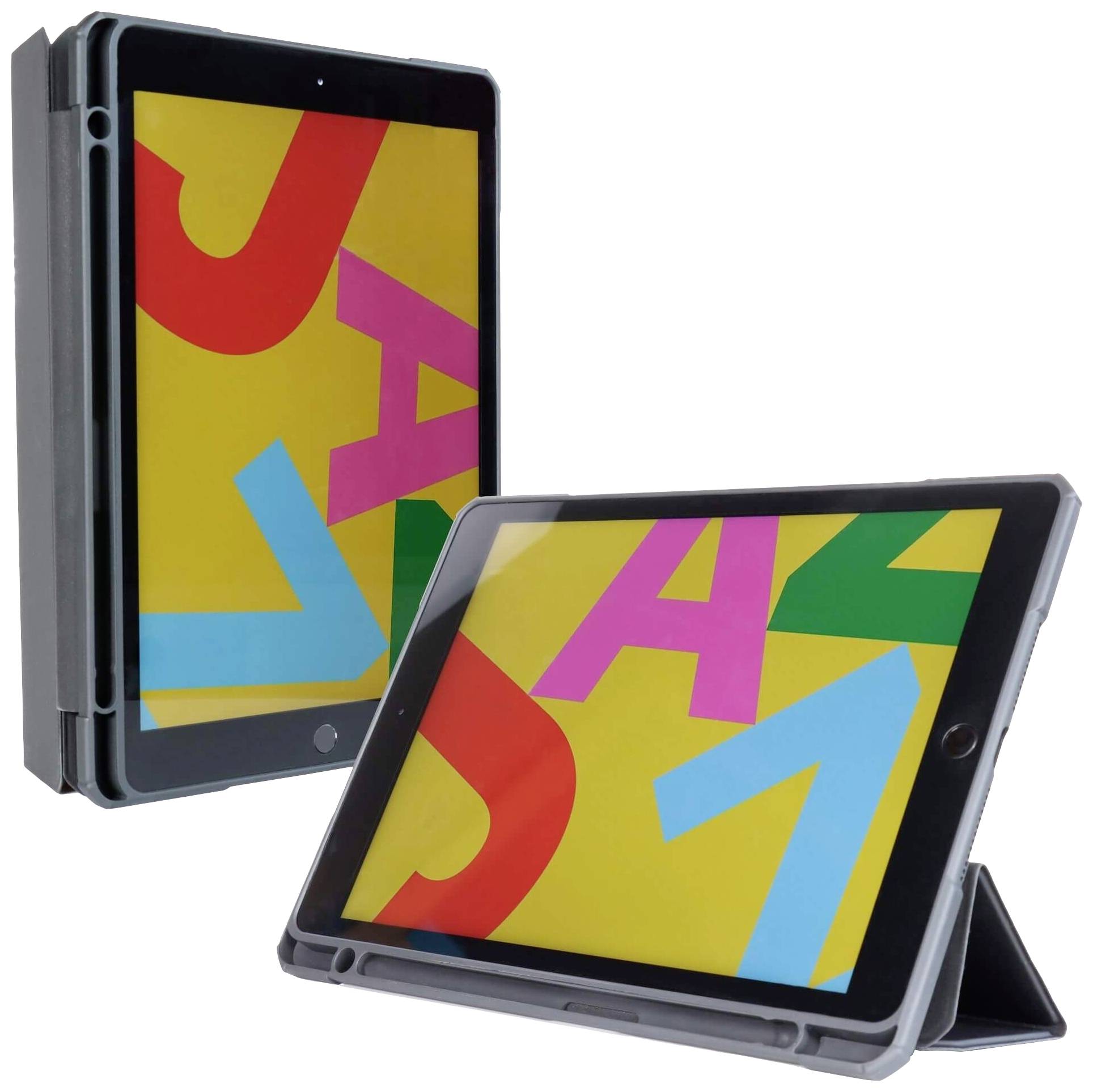 Two tablets with colourful letters on the screen. One is standing upright, the other lying flat, both in black cases.