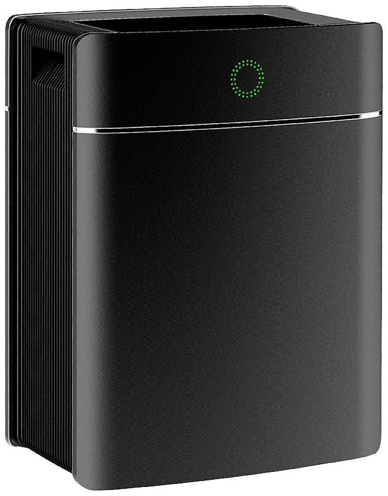 Black, rectangular air purifier with green LED indicator on top. Modern design with ventilation slots on the sides.