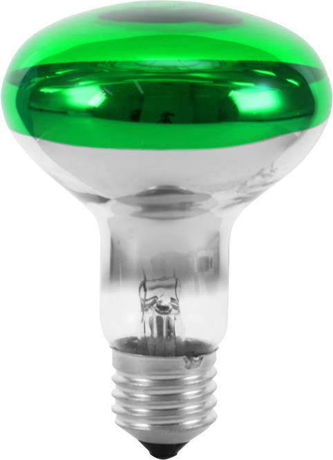 A light bulb with a reflective, green-tinted surface and a silver base.