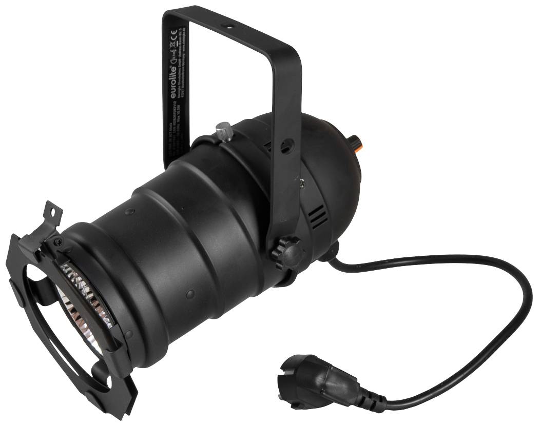 Black stage spotlight with mounting bracket and cable, suitable for theatre or stage lighting.