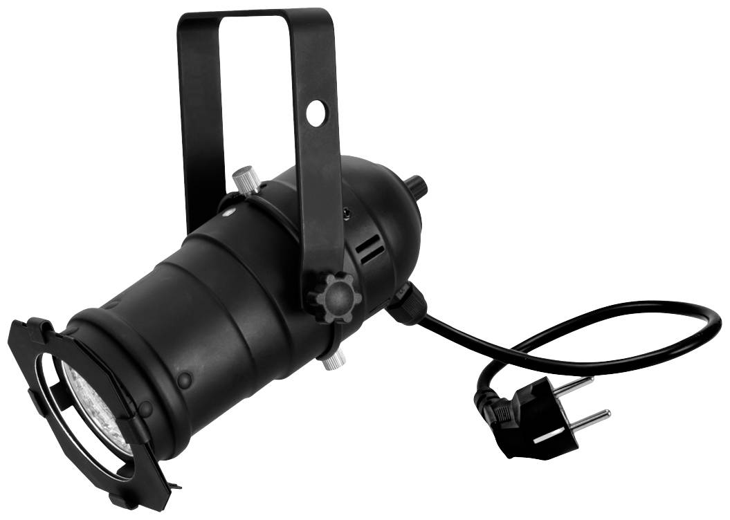 A black stage spotlight with mains plug. The spotlight features an adjustable bracket mount. Ideal for theatre lighting.